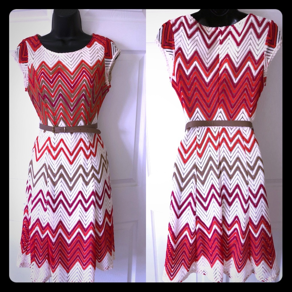 Sharagano Chevron Striped Belted Dress